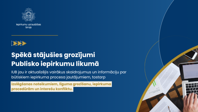 Teksts, IUB logo, zils fons, teksts, attēls ar datoru, rokas, grafikas elementi