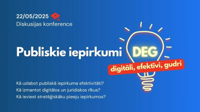 Diskusijas konference "Publiskie iepirkumi DEG - digitāli, efektīvi, gudri". Zils fons, uz tā spīdoša istabas spuldzīte