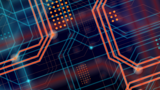 Digitāla stila ilustrācija ar savienotām līnijām un formām, kas atgādina elektronisku shēmu vai datu tīklu. Attēlā dominē oranžas un zilas krāsas ar spīdošiem punktiem un rakstiem.
