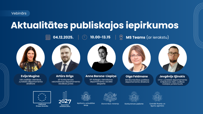 Vebināra afiša 'Aktualitātes publiskajos iepirkumos' – 4. decembris 2025, 10.00–13.15, MS Teams. Redzami pieci runātāju vārdi un amati, apakšā organizatoru logotipi.