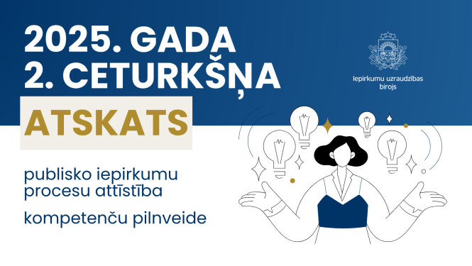 Kreisajā pusē teksts "2025. gada 2. ceturkšņa atskats; publisko iepirkumu procesu attīstība, komptenču pilnveide". Labajā pusē - IUB logo un ilustrācija ar sievieti, atplestām rokām. Virs tās - zvaigznes un spuldzes.