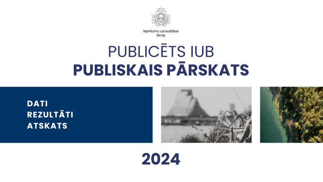 Melnbalts attēls ar Latvijas Nacionālo bibliotēku un krāsains attēls ar jūras krastu un mežu. Virs tā teksts "Publicēts IUB publiskais pārskats"