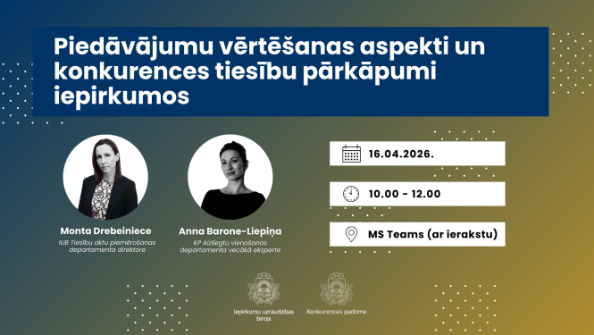 Pasākuma baneris ar virsrakstu 'Piedāvājumu vērtēšanas aspekti un konkurences tiesību pārkāpumi iepirkumos'. Attēlos redzami divi lektori ar norādītiem vārdiem un amatiem, kā arī informācija par norises laiku: 16.04.2026., plkst. 10.00–12.00, platforma MS Teams ar ierakstu. Apakšā izvietoti Iepirkumu uzraudzības biroja un Konkurences padomes logotipi.