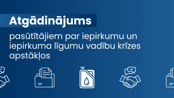 Grafisks baneris ar tumši zilu fonu un tekstu: 'Atgādinājums pasūtītājiem par iepirkumu un iepirkuma līgumu vadību krīzes apstākļos'. Zem teksta attēlotas četras balti konturētas ikonas: rokasspiediens, dokumentu mape, degvielas tvertne ar brīdinājuma simbolu un sarunu ikona.