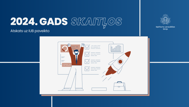 Vīrietis priecīgi pacēlis rokas, aiz viņa diagrammas, blakus raķete. Augšpusē teksts "2024. gads skaitļos - atskats uz IUB paveikto"
