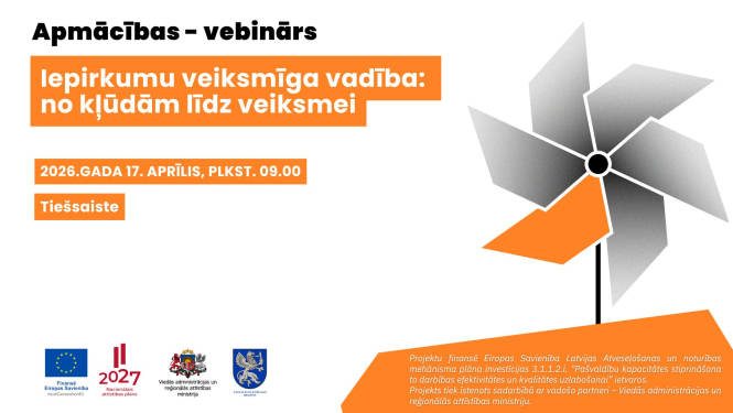 Apmācību–vebināra baneris ar baltu fonu un oranžiem akcentiem. Teksts: 'Iepirkumu veiksmīga vadība: no kļūdām līdz veiksmei'. Norādīts datums – 2026. gada 17. aprīlis, sākums plkst. 09.00, formāts – tiešsaistē. Labajā pusē stilizēta vējdzirnavu ilustrācija oranžā un pelēkā krāsā. Apakšā redzami Eiropas Savienības, Nacionālā attīstības plāna 2027, Viedās administrācijas un reģionālās attīstības ministrijas un citi partneru logotipi.