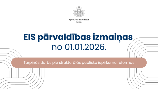 Attēls ar tekstu 'EIS pārvaldības izmaiņas no 01.01.2026.' un papildinformāciju 'Turpinās darbs pie strukturālās publisko iepirkumu reformas'. Augšpusē Iepirkumu uzraudzības biroja logo, fonā stilizētas līnijas.