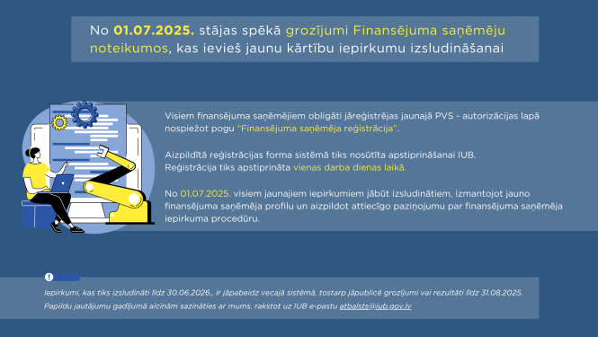 Ilustrācija ar sievieti, kas rāda uz tīmekļvietni, pretī viņai robots, virs abiem zobrati. Teksts "No 01.07.2025. stājas spēkā grozījumi Finansējuma saņēmēju noteikumos"