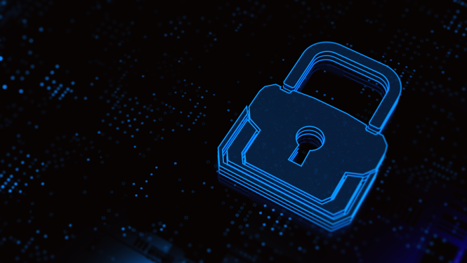 Digitāla, zila piekaramā atslēga uz tumša fona ar punktiem un līnijām, kas atgādina shēmas plati vai digitālo tīklu. Attēls simbolizē drošību vai šifrēšanu.