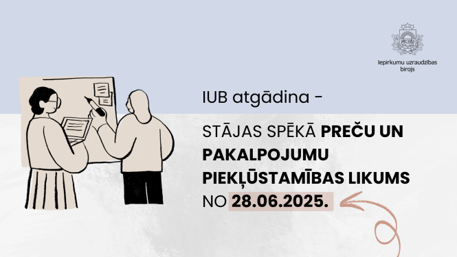 Kreisajā pusē ilustrācijām ar sievietām, kas raksta pie tāfeles. Labajā pusē teksts - "IUB atgādina, stājas spēkā Preču un pakalpojumu piekļūstamības likums no 28.06.2025."