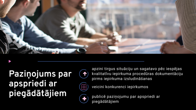 Paziņojums par apspriedi ar piegādātājiem. Cilvēki pie sarunu galda apspriežas. 