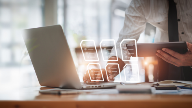 Dators, galds, dokumenti, dokumentu lapas grafika