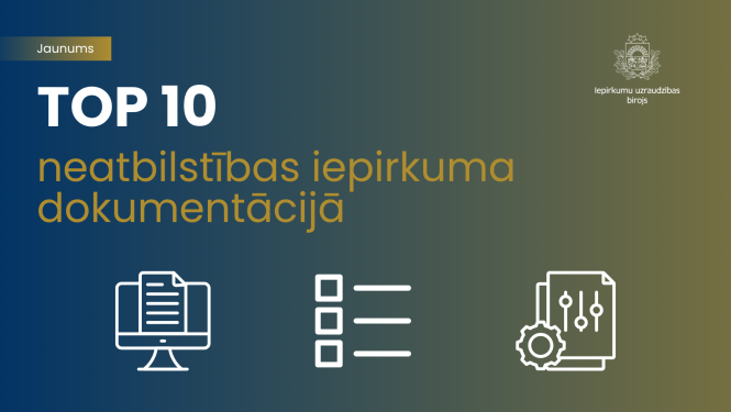 Iepirkumu uzraudzības biroja vizuālais materiāls ar uzrakstu 'Jaunums: TOP 10 neatbilstības iepirkuma dokumentācijā'. Attēlā redzamas trīs tematiskas ikonas un biroja logotips uz zilu-zaļa fona.