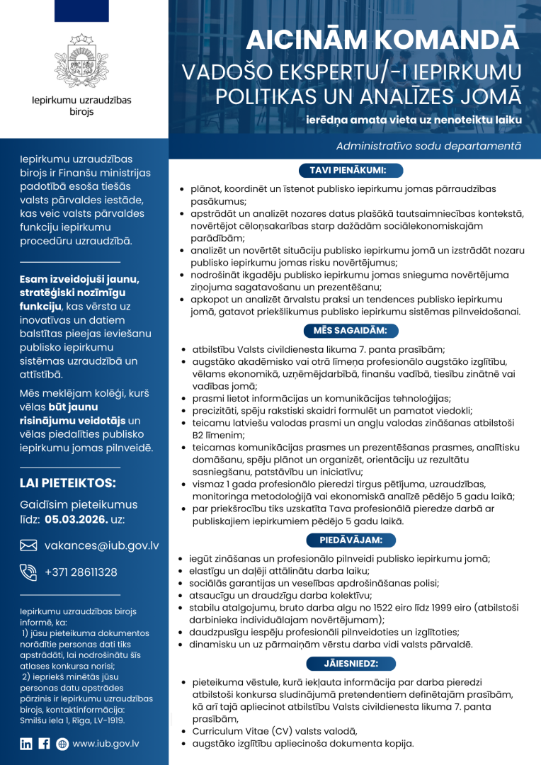IUB Administratīvo sodu departamenta vakance vadošā eksperta amatam