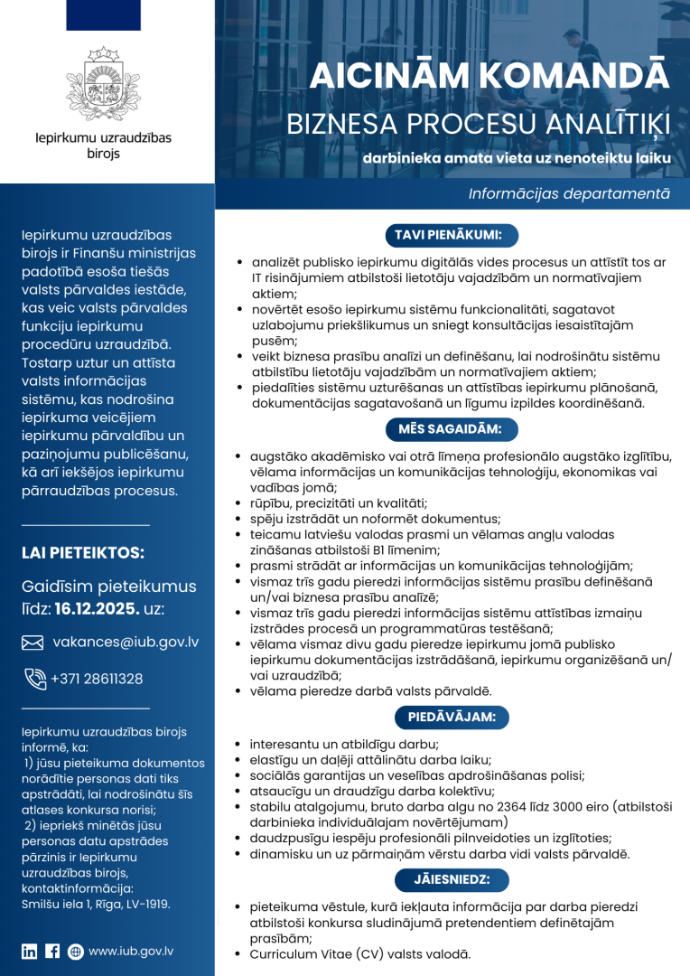 IUB Informācijas departamenta vakance biznesa procesu analītiķa amatam 